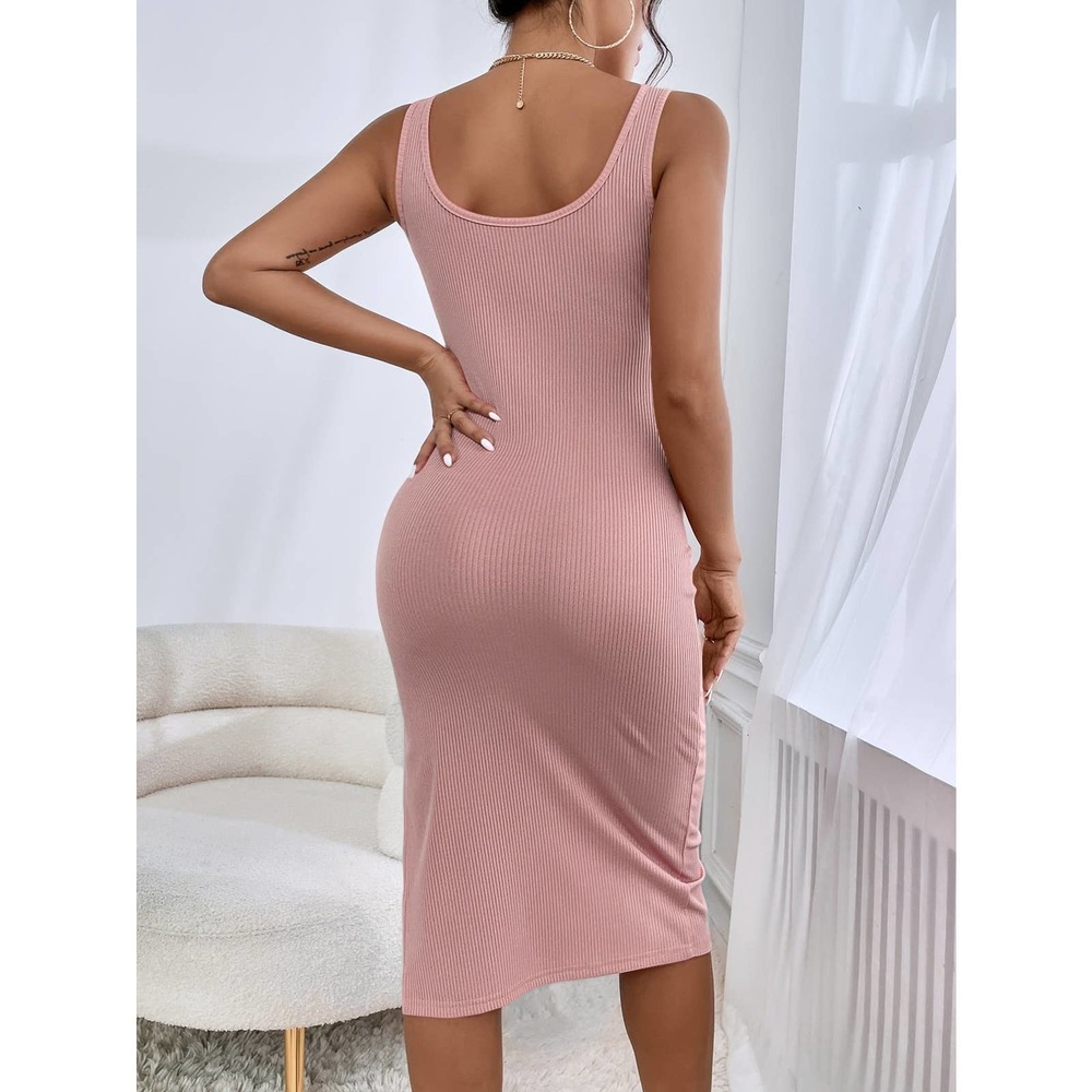 Square neck Ribbed Knit Split Thigh Tank midi Dress royal blue - Picture 5 of 15